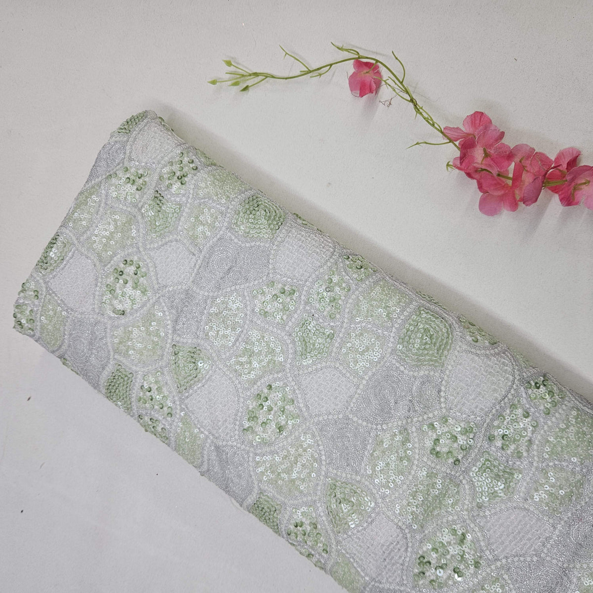 White & Green Traditional Sequins Thread Embroidery Georgette KF-9093
