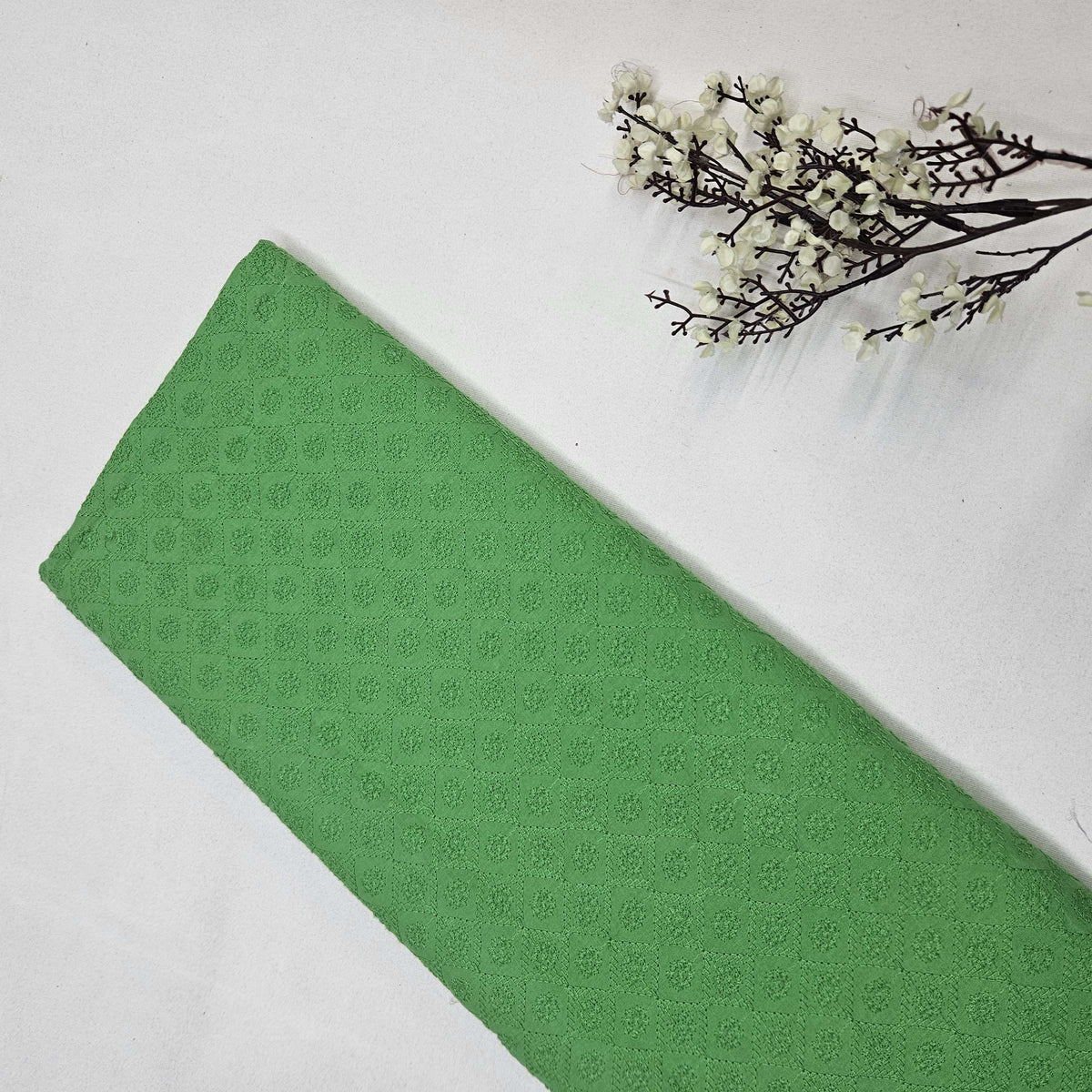 Green Floral Embroidery Cotton Schiffli SKE-11915