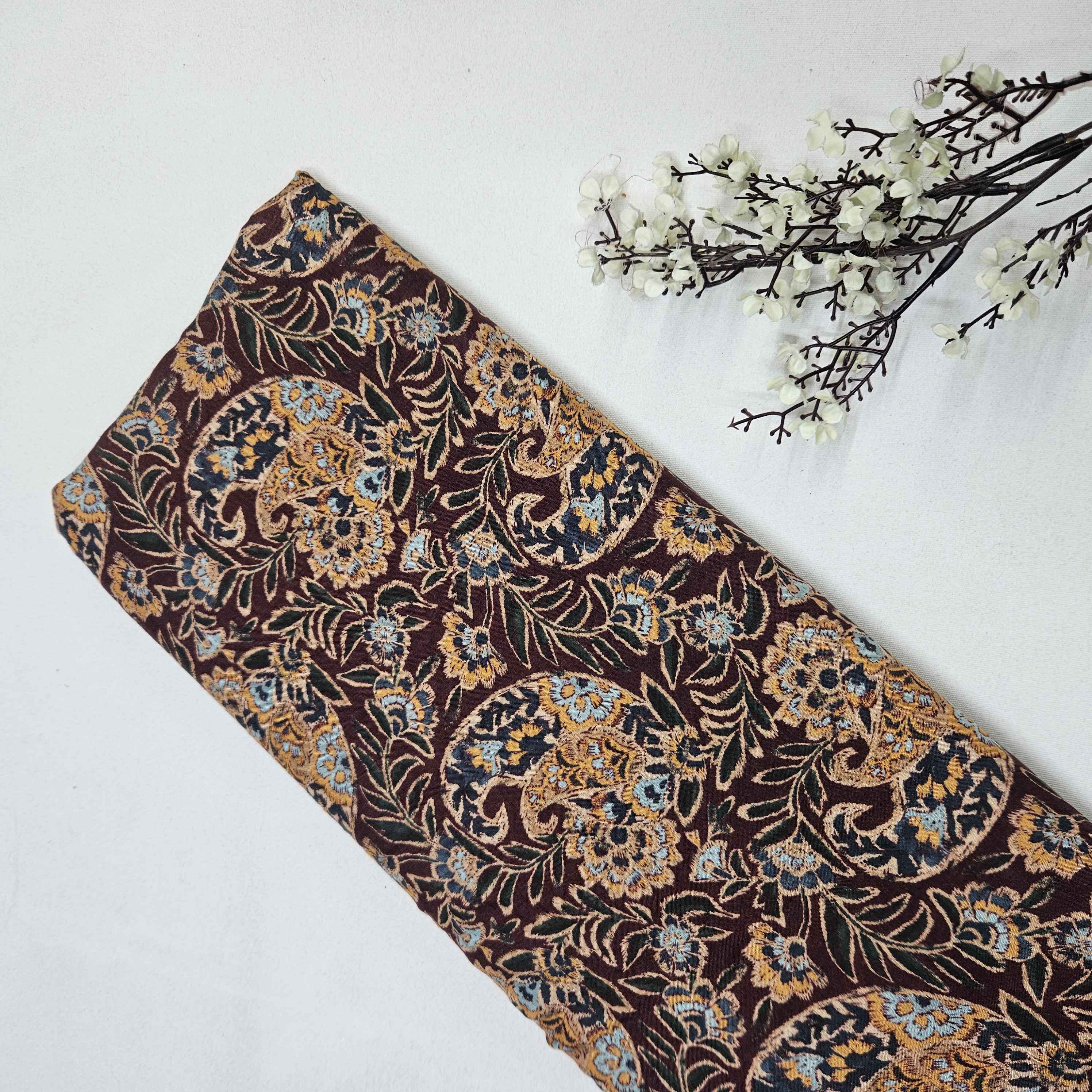 Brown Multicolor Madhubani Border Print Muslin Fabric SSF-15723