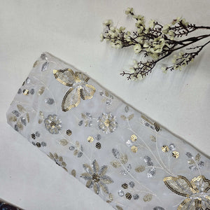 White Floral Sequins Thread Embroidery Georgette WI-9106