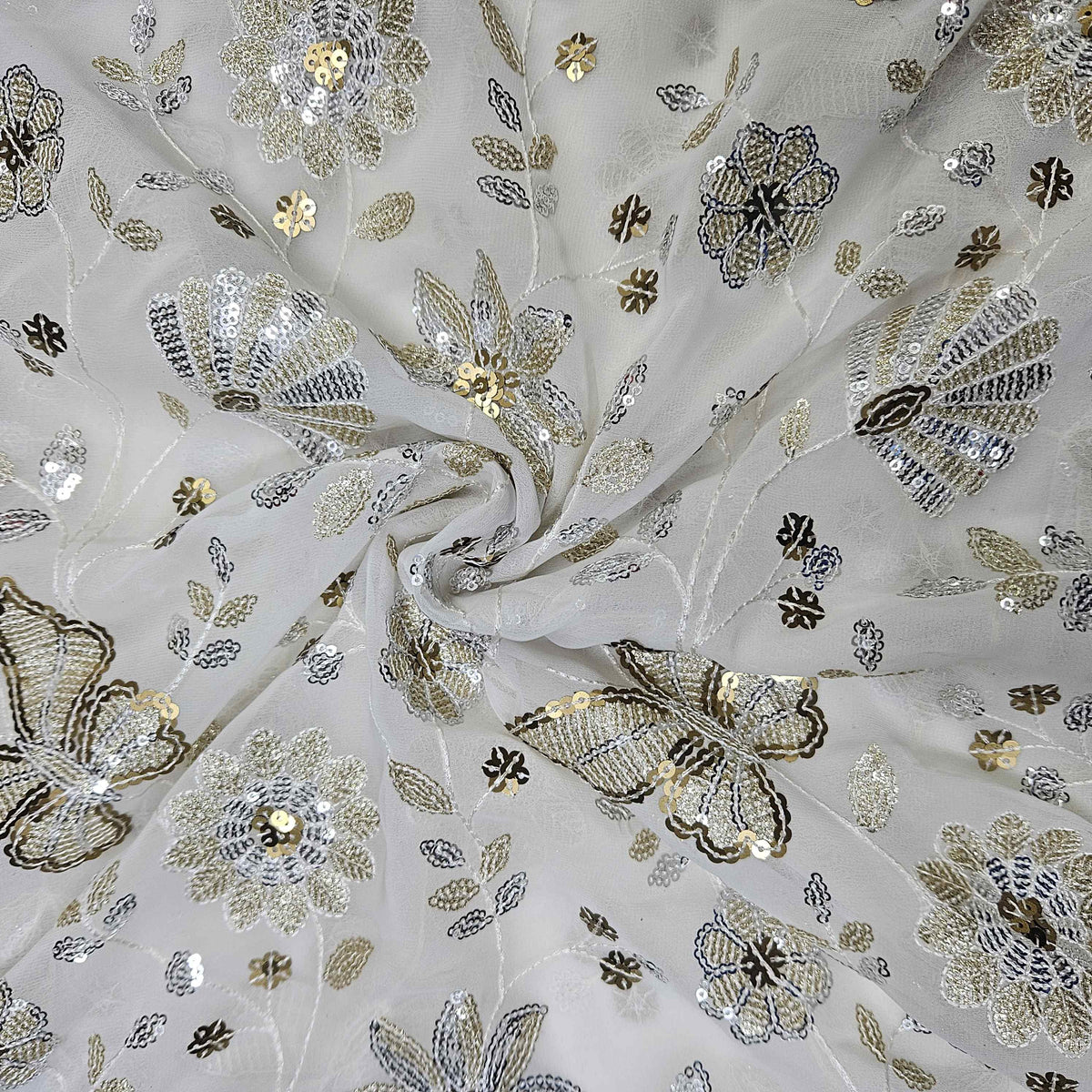 White Floral Sequins Thread Embroidery Georgette WI-9106 – image 3 of 3