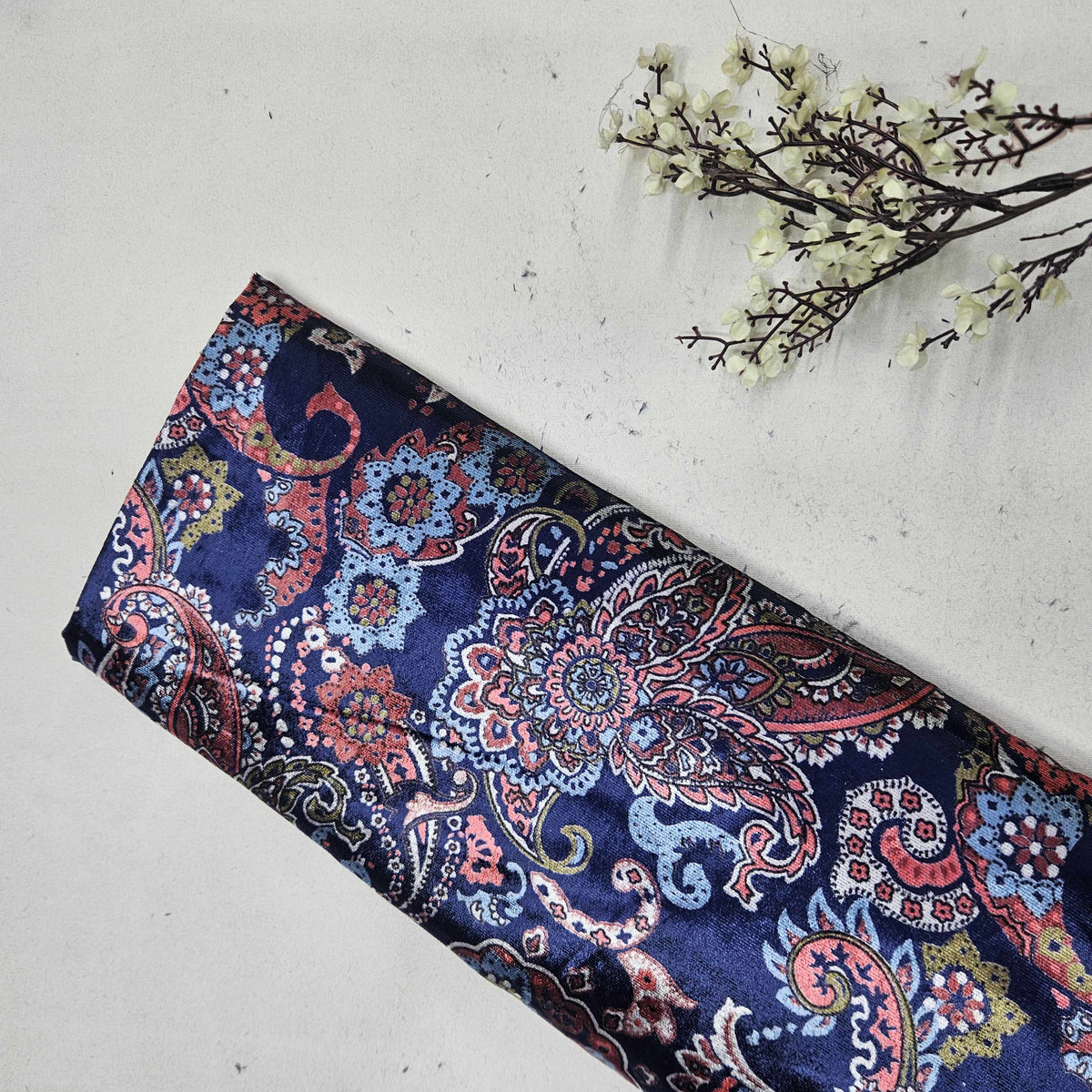 Navy Blue Floral Print Brasso Velvet Fabric TU-6214