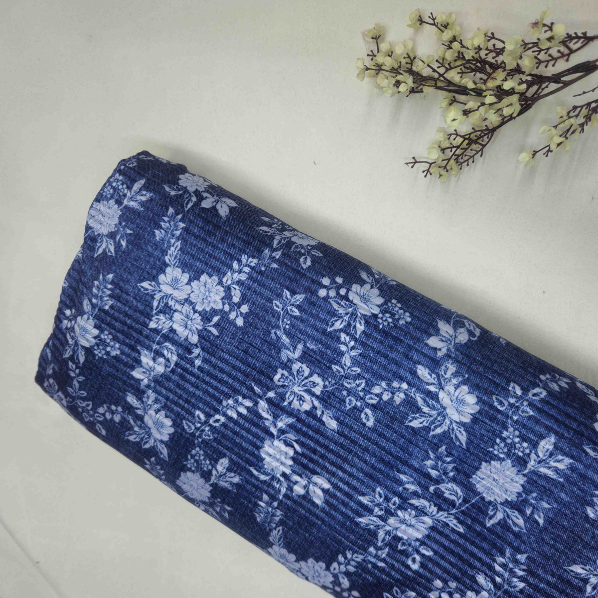 Navy Blue Floral Print Pleated Knitted Satin TU-6529