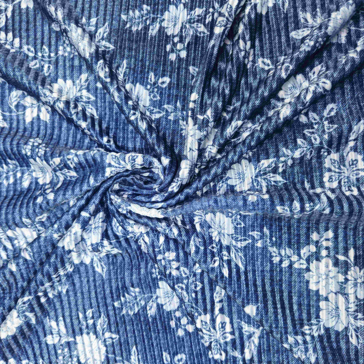 Navy Blue Floral Print Pleated Knitted Satin TU-6529 – image 3 of 3