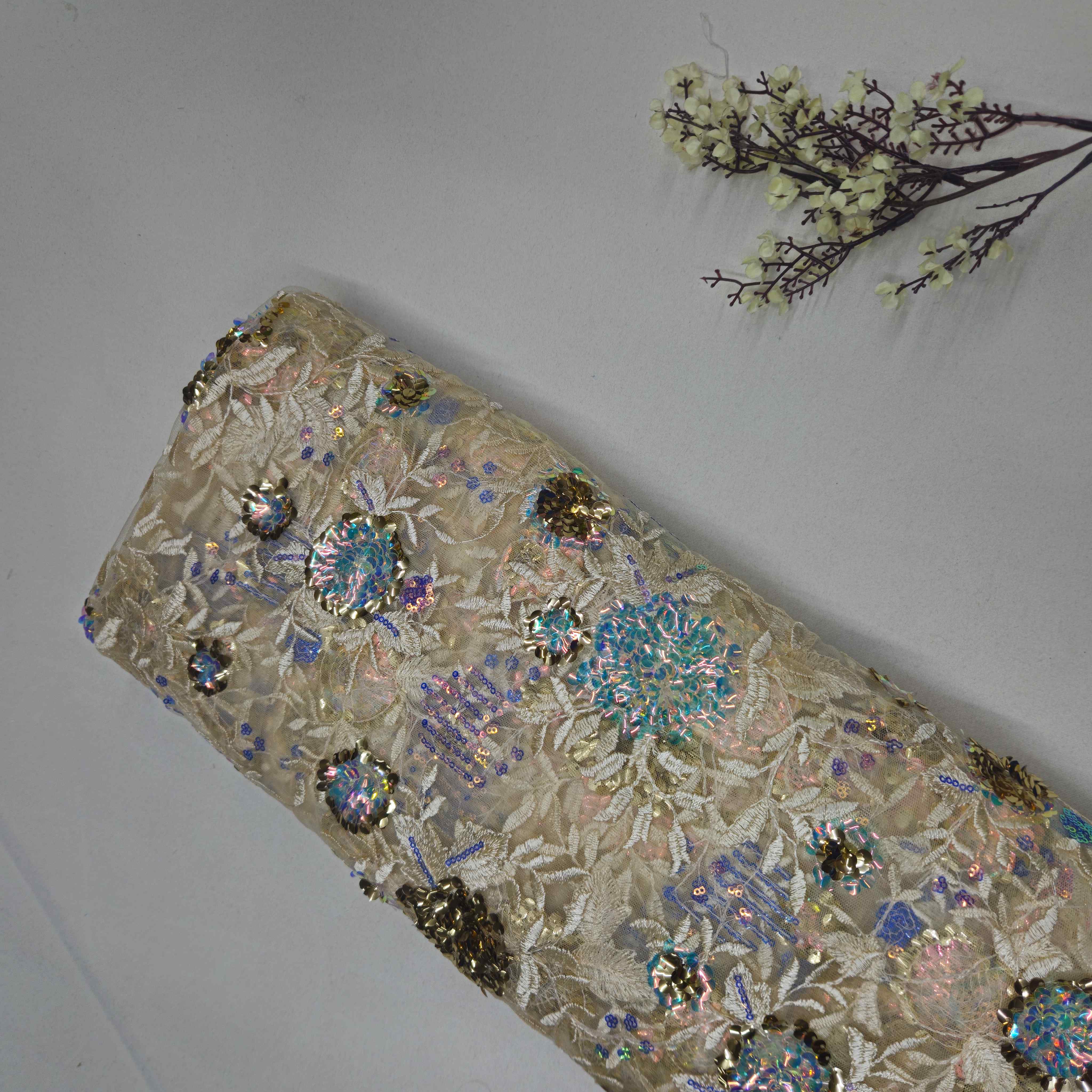 Light Yellow Floral Embroidery Sequins Net Lycra Fabric TU-6900