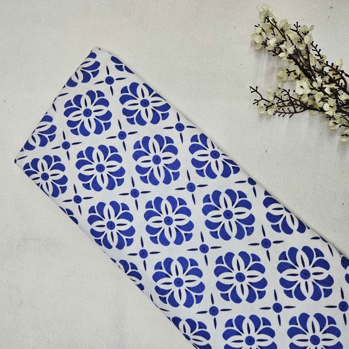 White Blue Floral Print Rayon TU-1000-24
