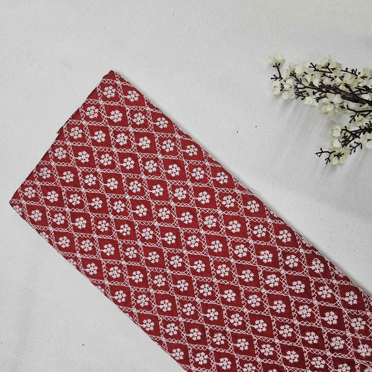 Red Floral Embroidery Raw Silk TU-1000-7