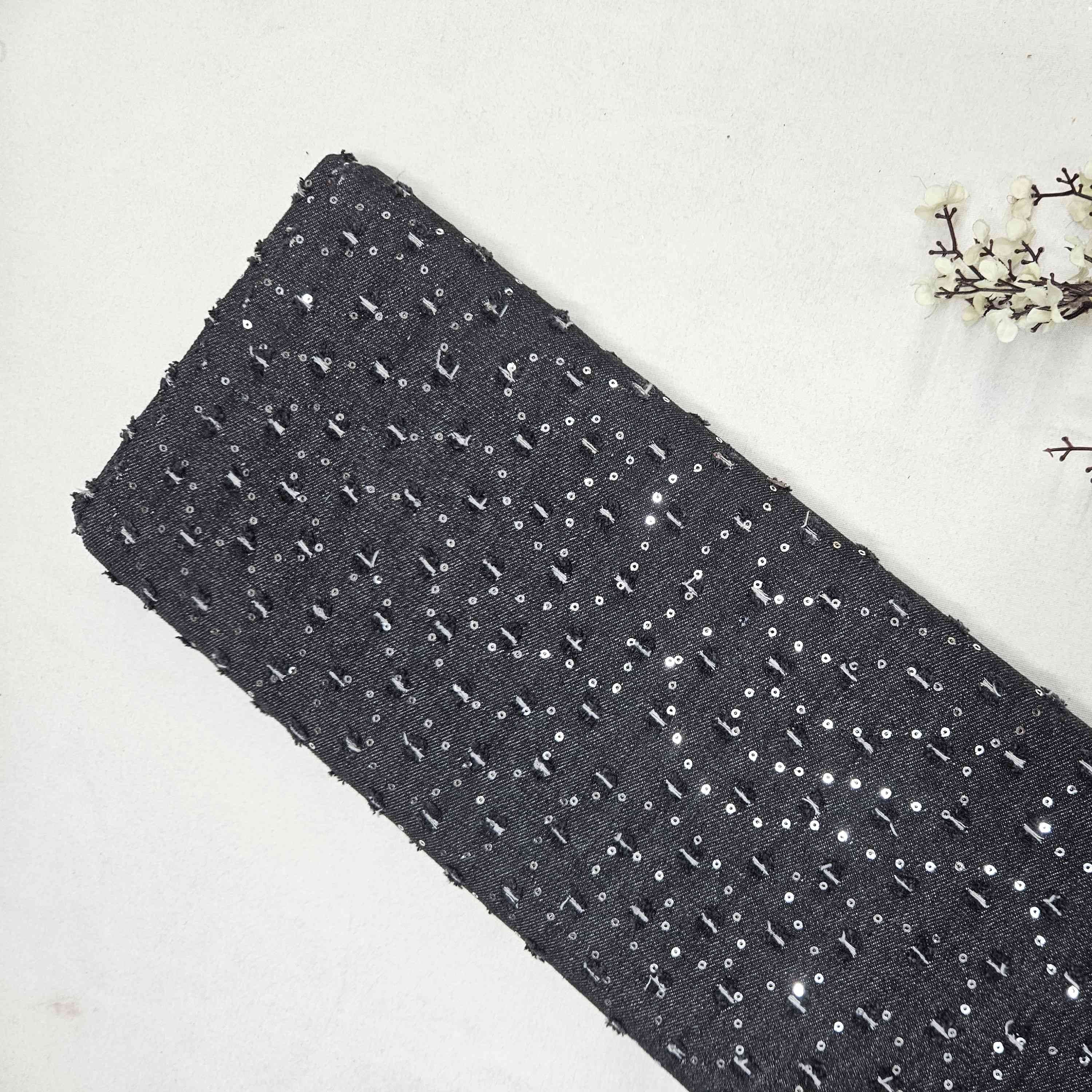 Black Abstract Sequence Embroidery Denim TU-14395