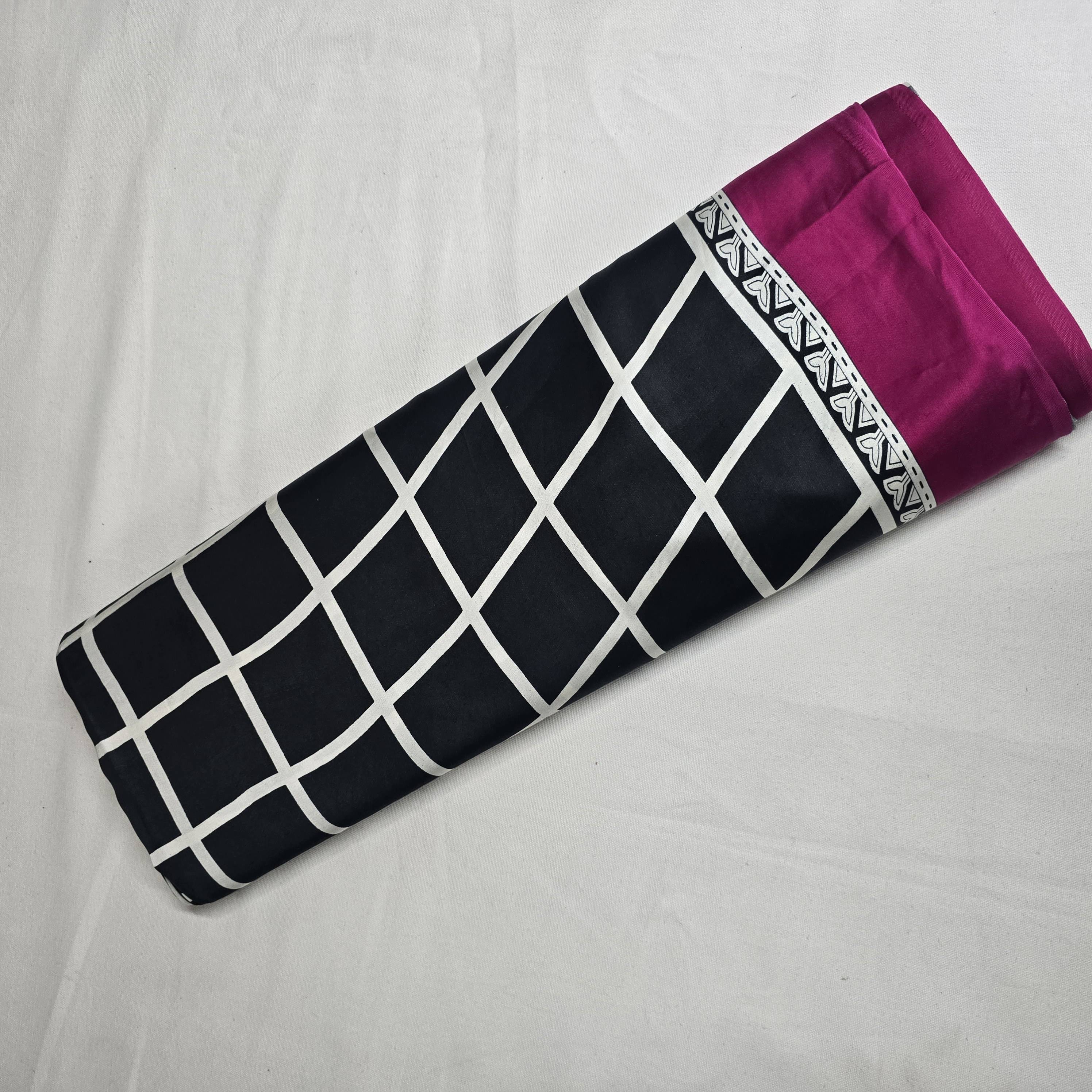 Black Check Print With Pink Border Modal Satin Fabric SN-33470