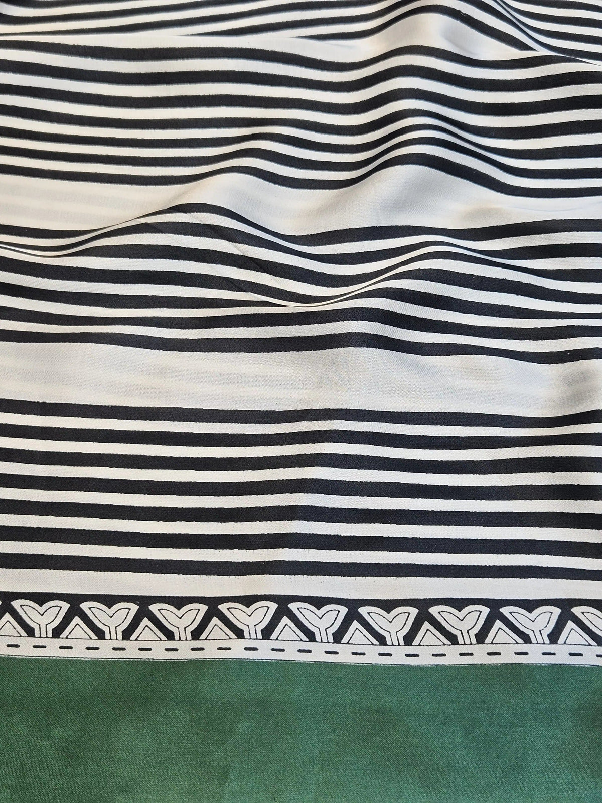 Black Geometrical Stripes Print With Green Border Modal Satin Fabric SN-33459
