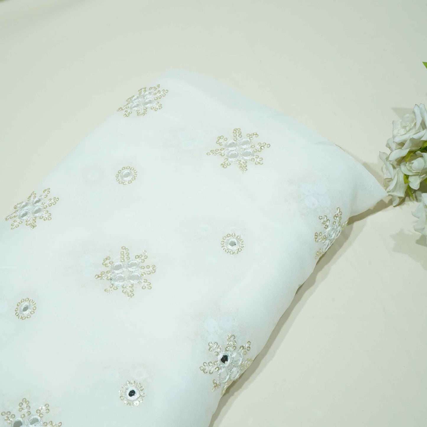 White Thread Sequins Embroidery Georgette Dyeable Fabric 1458 VPC-20301  