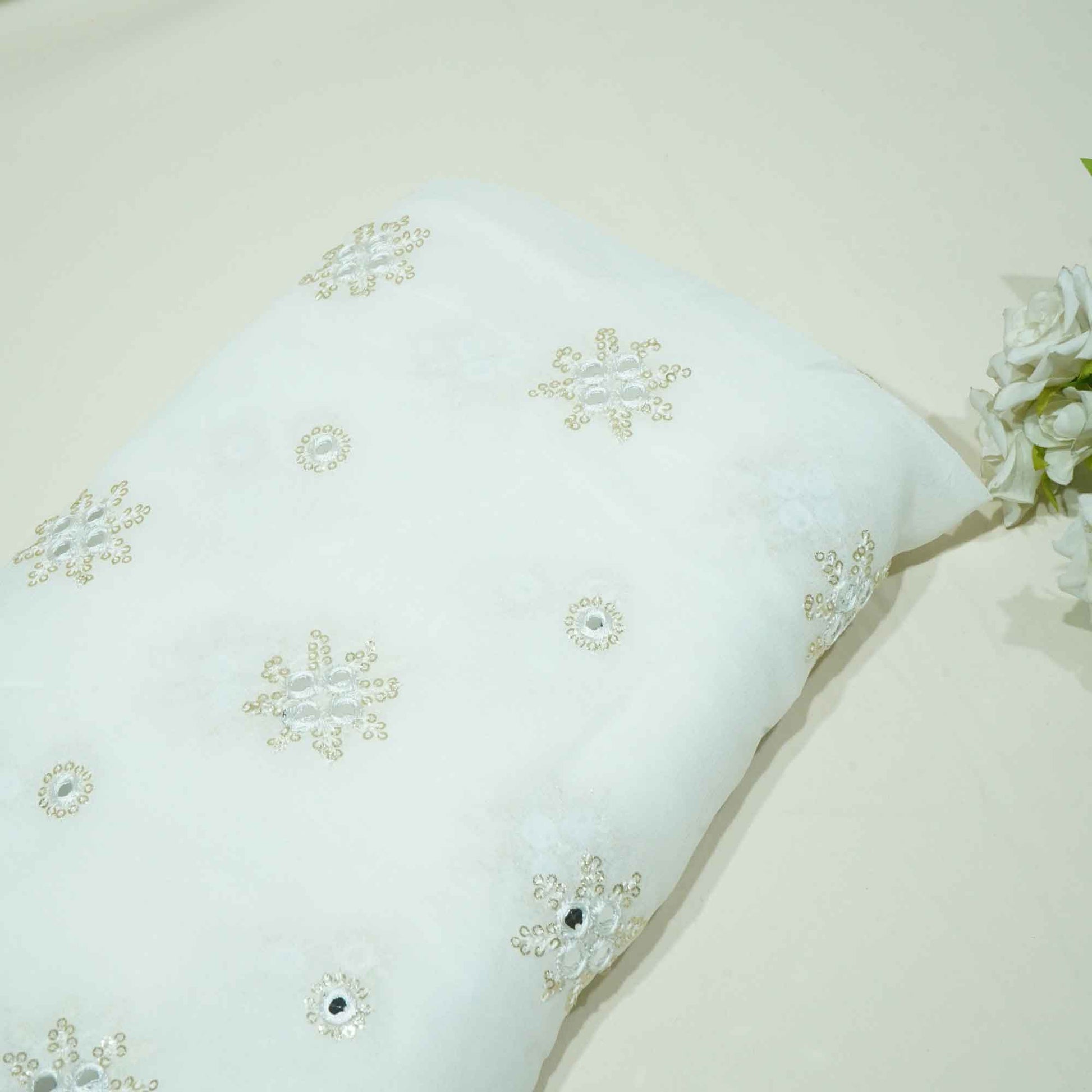 White Thread Sequins Embroidery Georgette Dyeable Fabric 1458 VPC-20301  