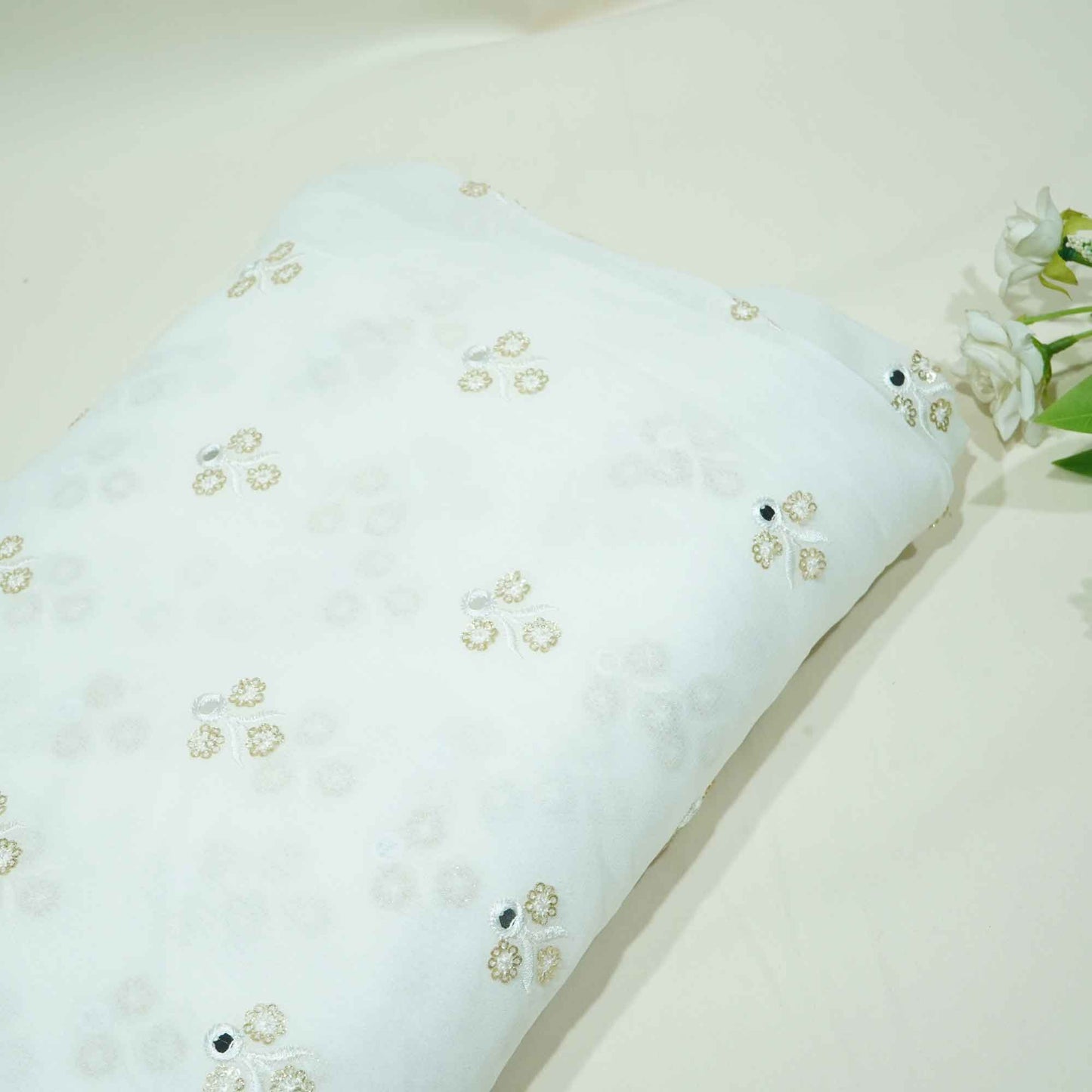 White Thread Sequins Embroidery Georgette Dyeable Fabric 1458 VPC-20306  