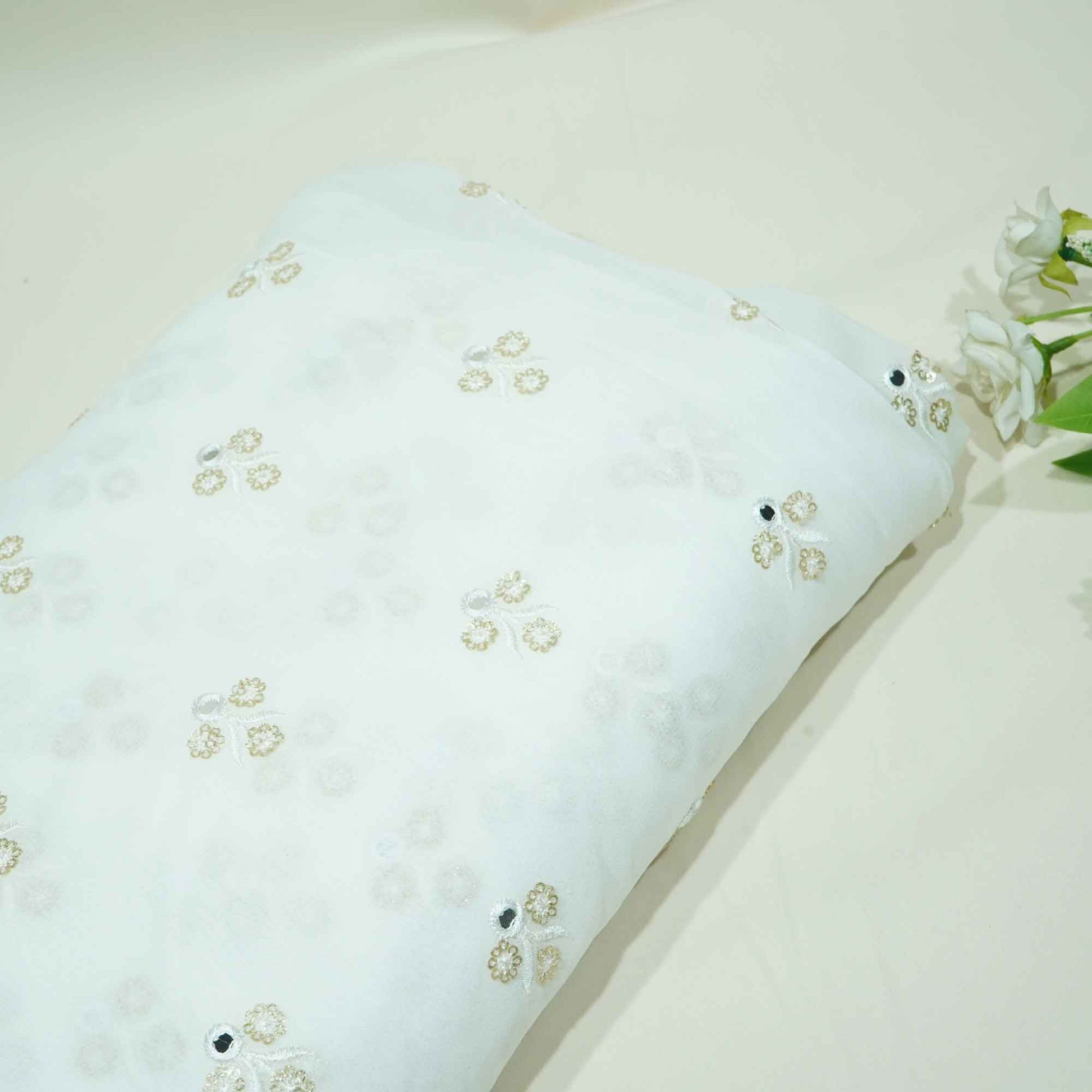 White Thread Sequins Embroidery Georgette Dyeable Fabric 1458 VPC-20306  