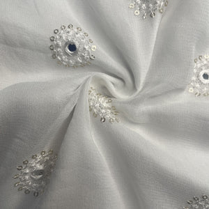 White Thread Sequins Embroidery Georgette Dyeable Fabric 20309