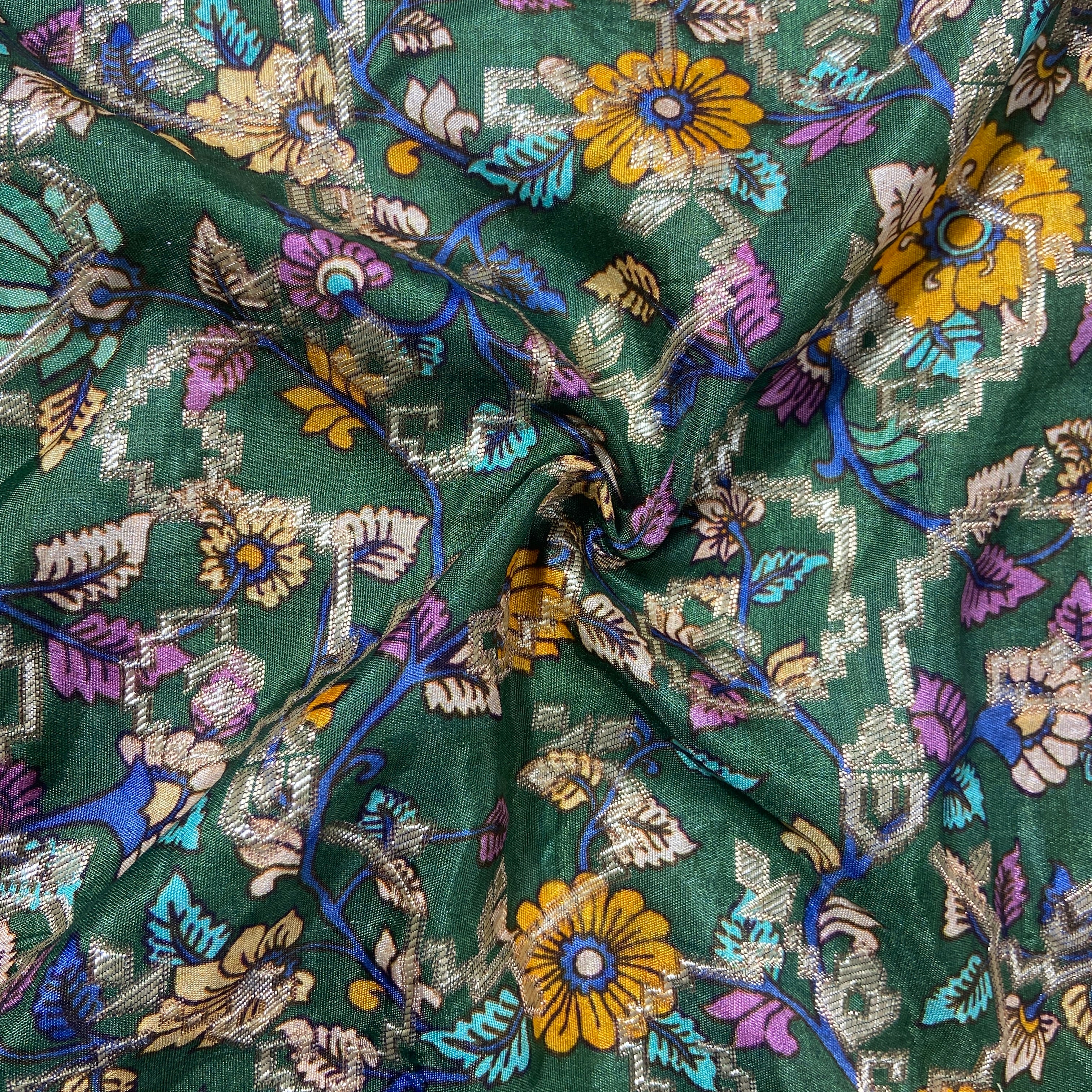 Green Floral Print Dola Silk Jacquard Fabric 20316