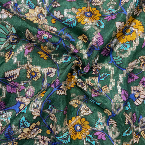 Green Floral Print Dola Silk Jacquard Fabric 20316