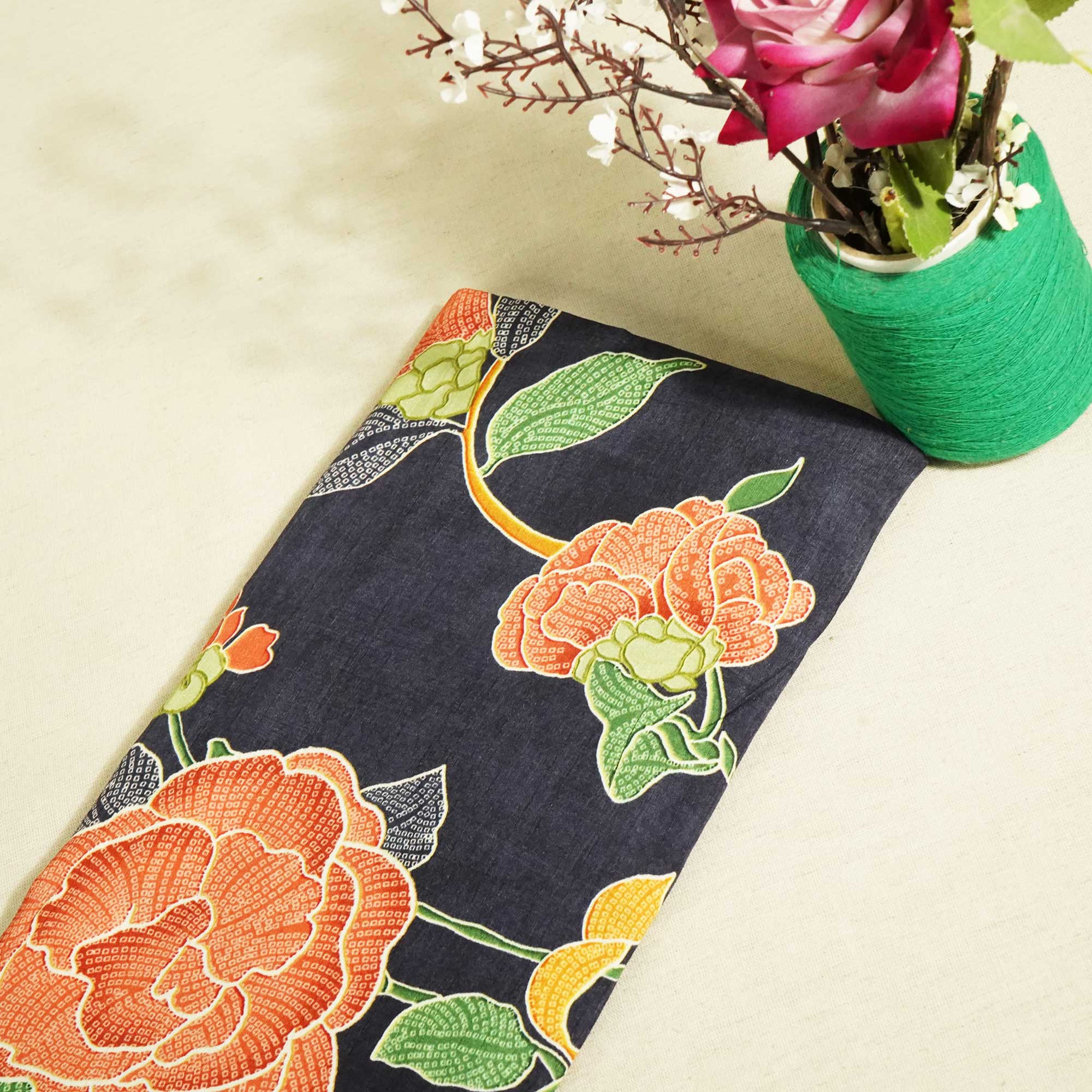 Navy Blue Floral Print Tusser Silk Fabric 3542 GT-20351