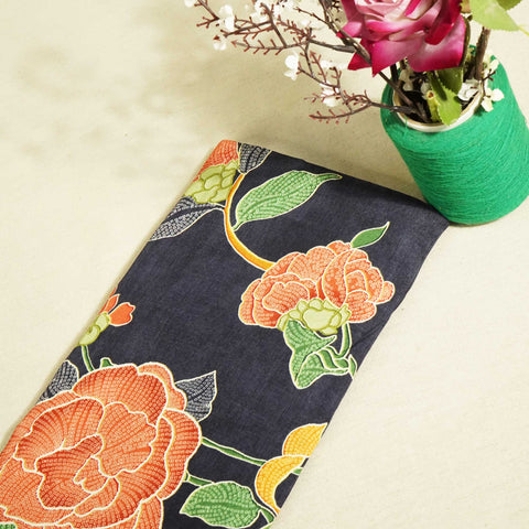 Navy Blue Floral Print Tusser Silk Fabric 3542 GT-20351