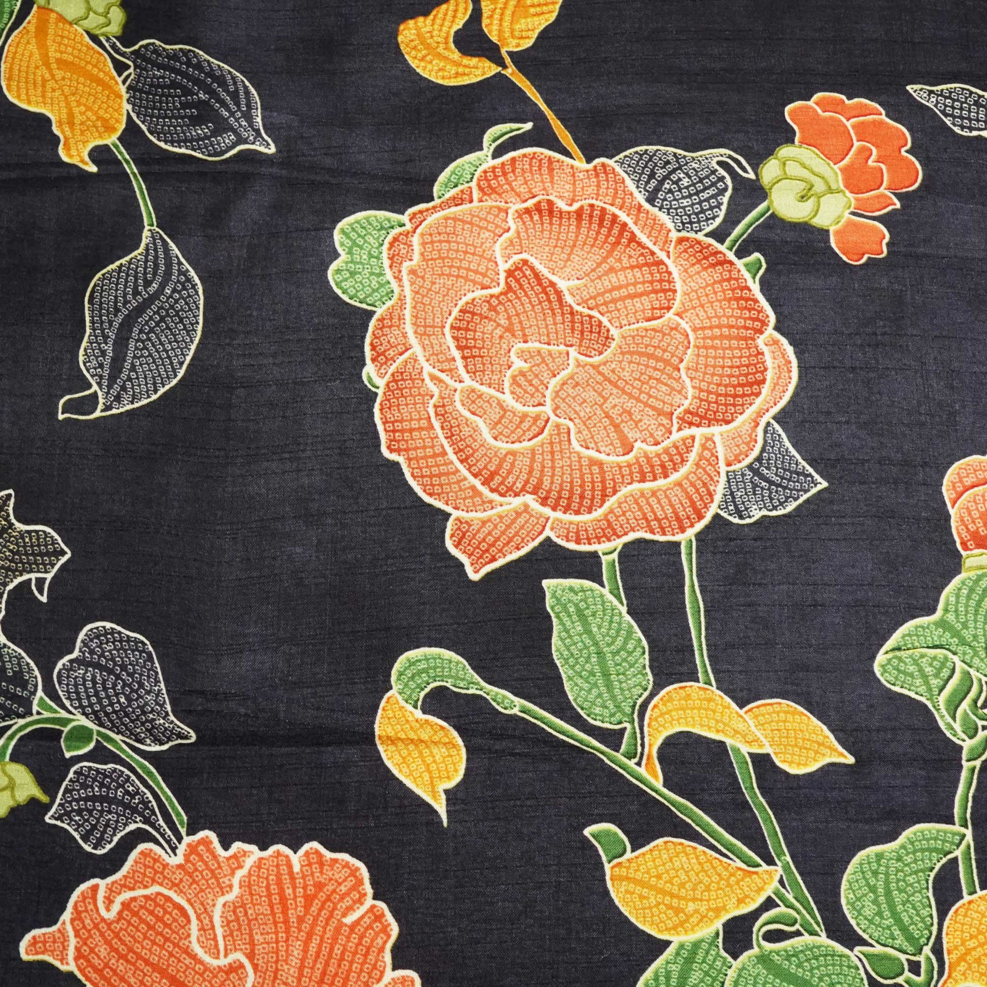 Navy Blue Floral Print Tusser Silk Fabric 3542 GT-20351