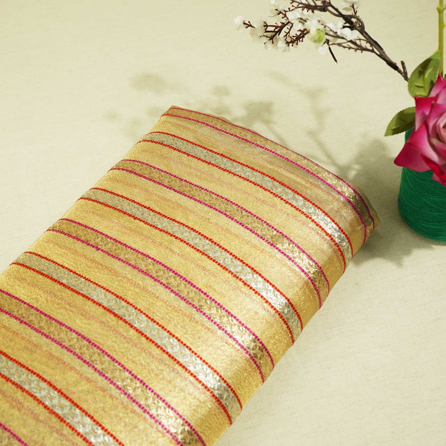 Golden Red and Pink Stripes Tissue Fabric 401 KRE-20387