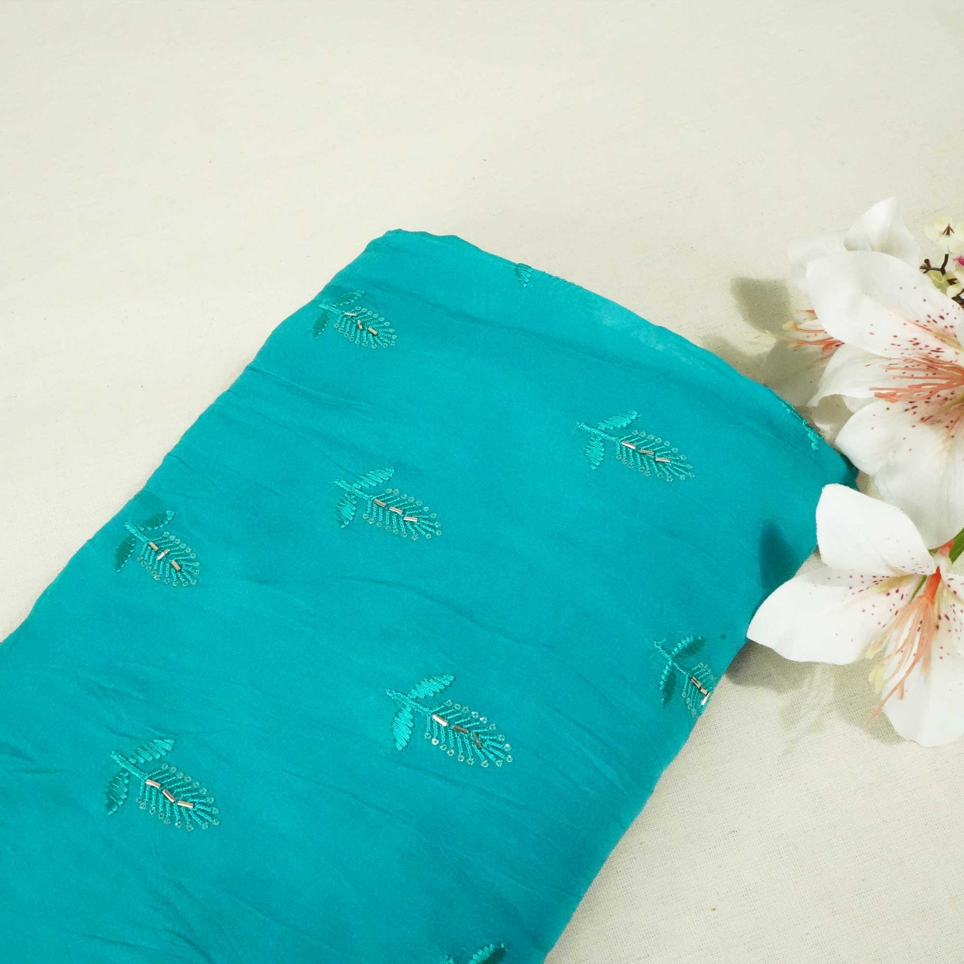 Sky Blue Cutdana Thread Embroidery Organza Fabric 404 SD-20785