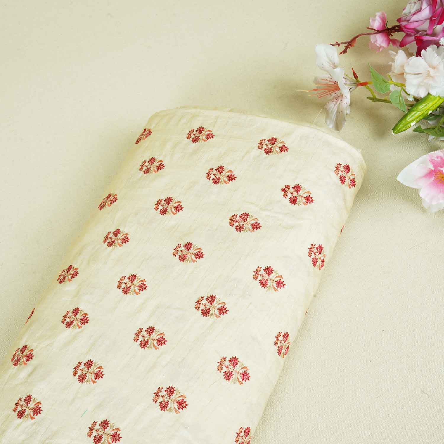 Peach Kashmiri Embroidery Raw Silk Fabric RA-28208 - TradeUNO