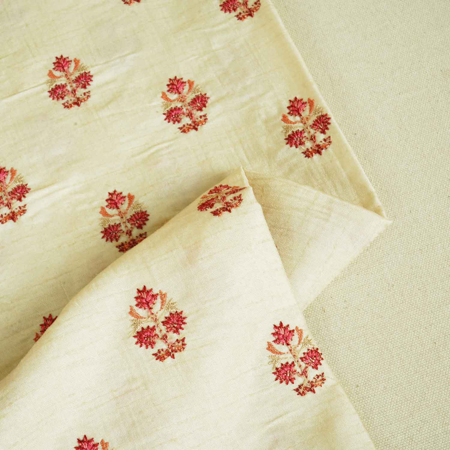 Peach Kashmiri Embroidery Raw Silk Fabric RA-28208 - TradeUNO