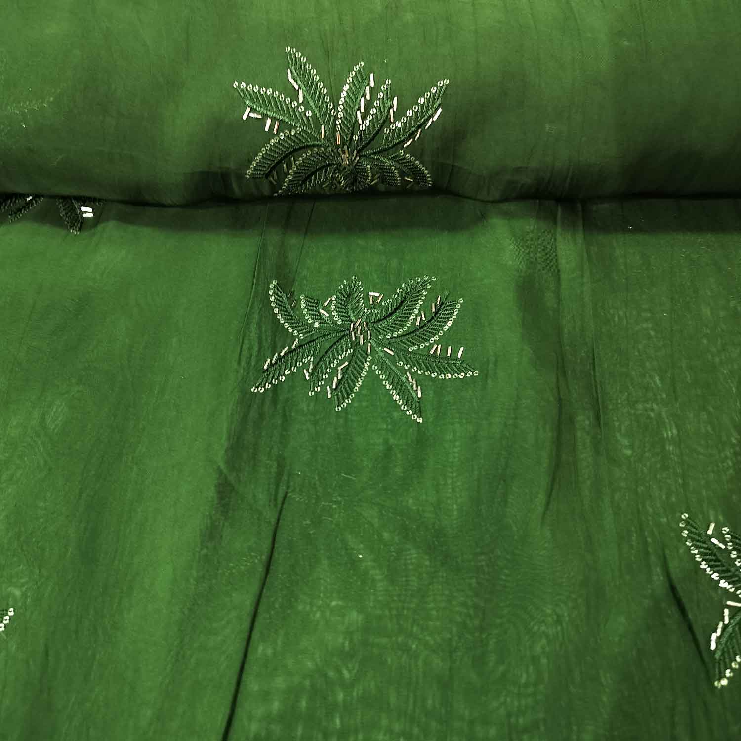 Olive Green Cutdana Embroidery Organza Fabric SD-20834