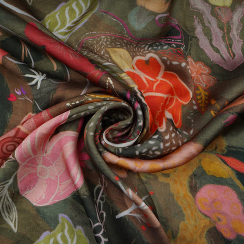 Olive Green Tropical Print Bemberg Silk Fabric 20850