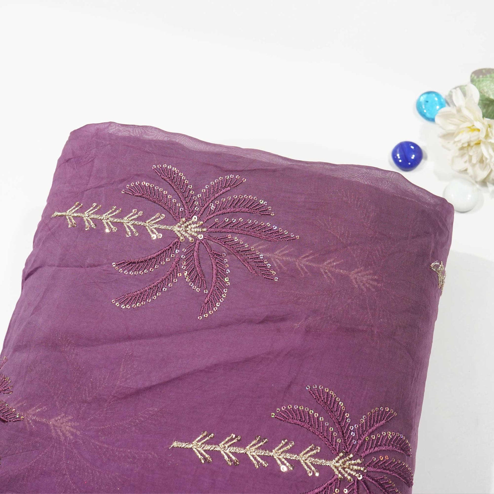 Wine Thread Sequins Embroidery Organza Fabric 390 SD-20855