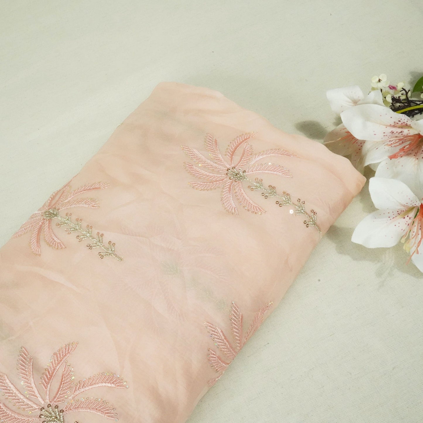 Peach Thread Sequins Embroidery Organza Fabric 390 SD-20858