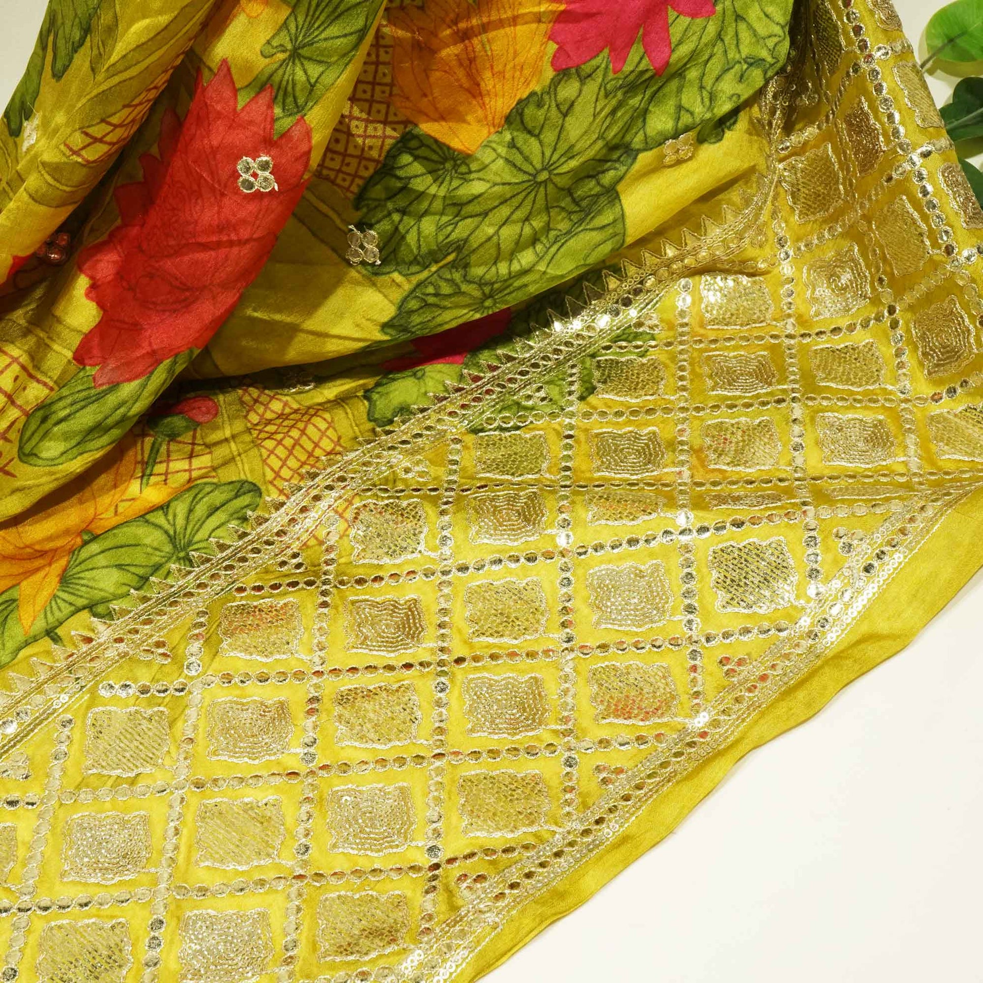 Green Floral Embroidery Tissue Silk Fabric 3302 GT-20864