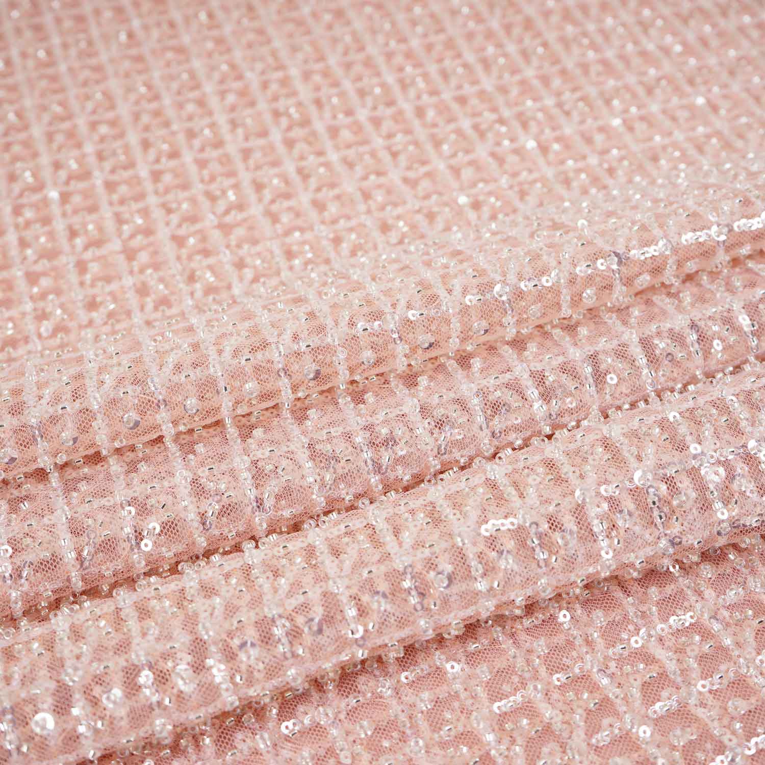 Beige Cutdana & Pearl Embroidery Net Fabric 20890 - TradeUNO