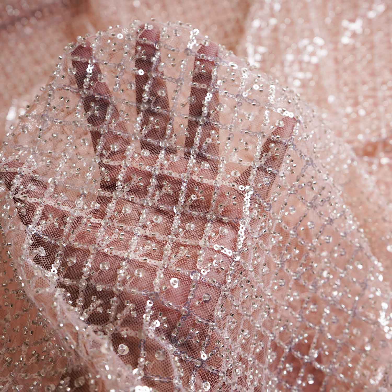 Beige Cutdana & Pearl Embroidery Net Fabric 20890 - TradeUNO