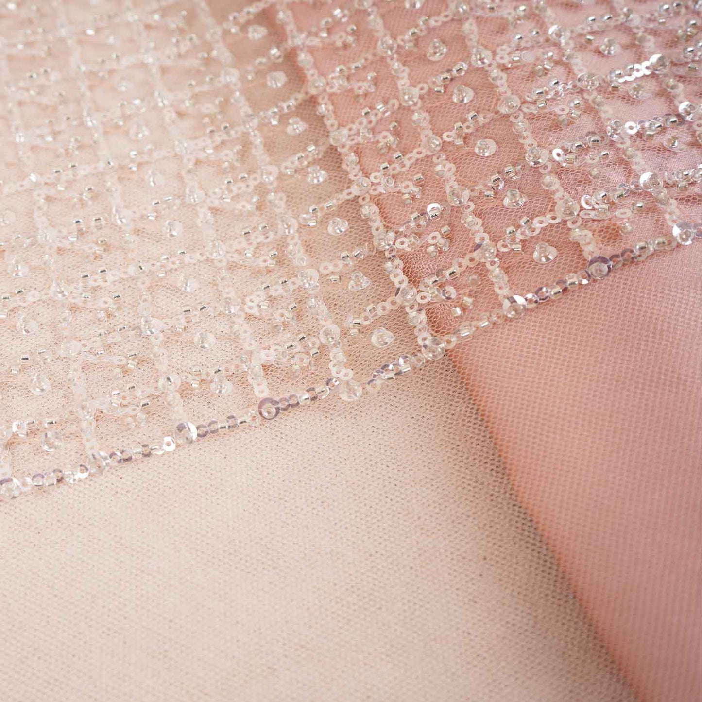 Beige Cutdana & Pearl Embroidery Net Fabric 20890