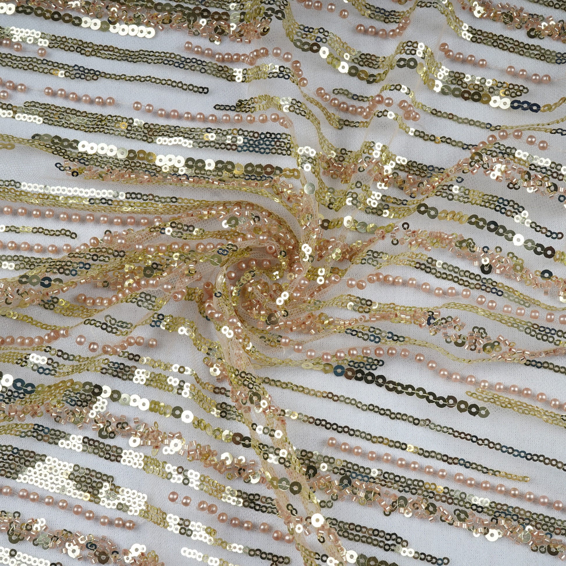 Beige Cutdana Pearl Embroidery Net Fabric 20890