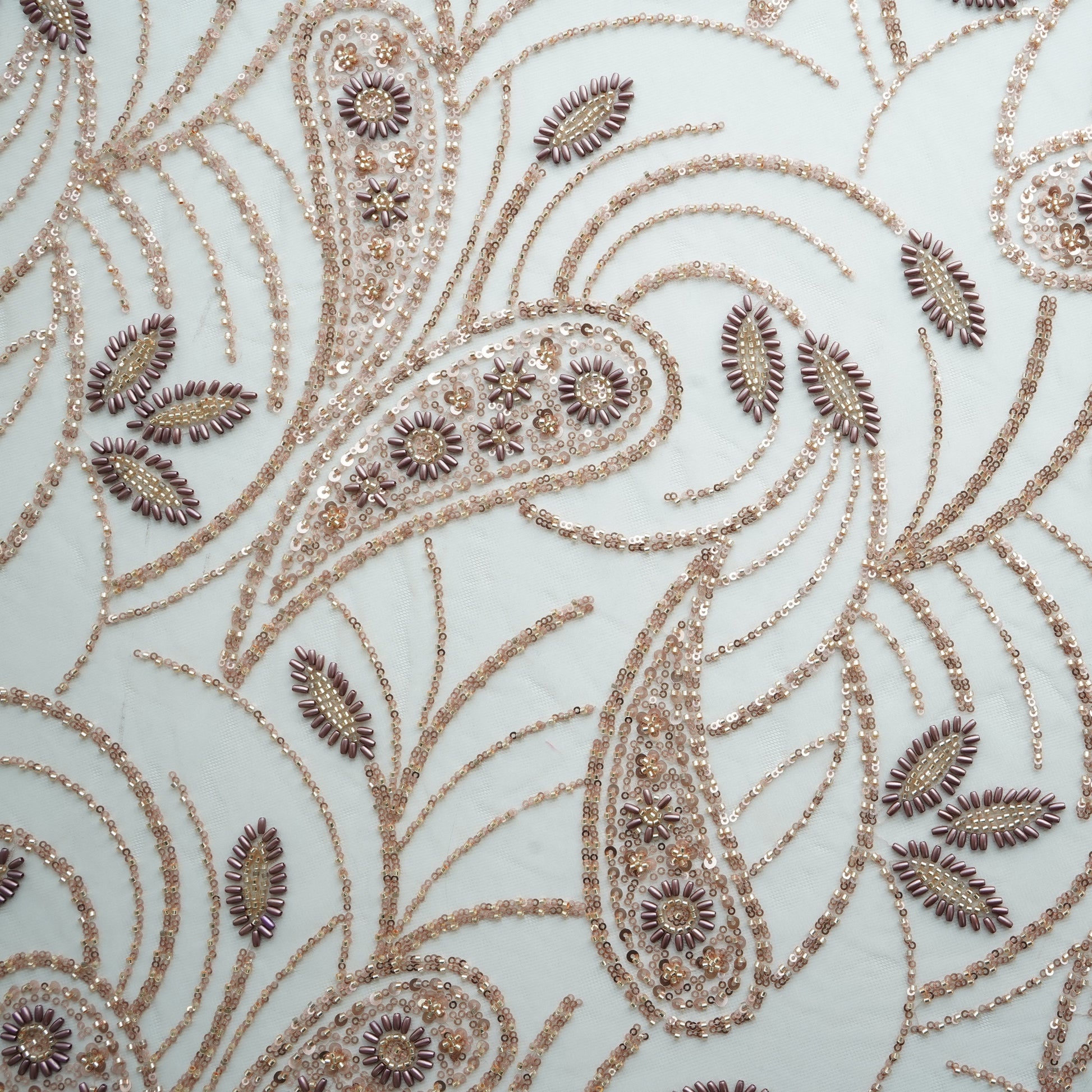 Beige Cutdana & Ricebeads Embroidery Net Fabric