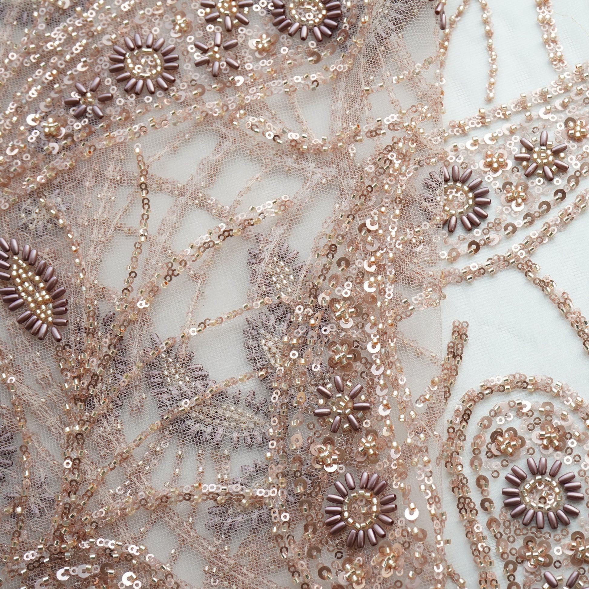 Beige Cutdana & Ricebeads Embroidery Net Fabric