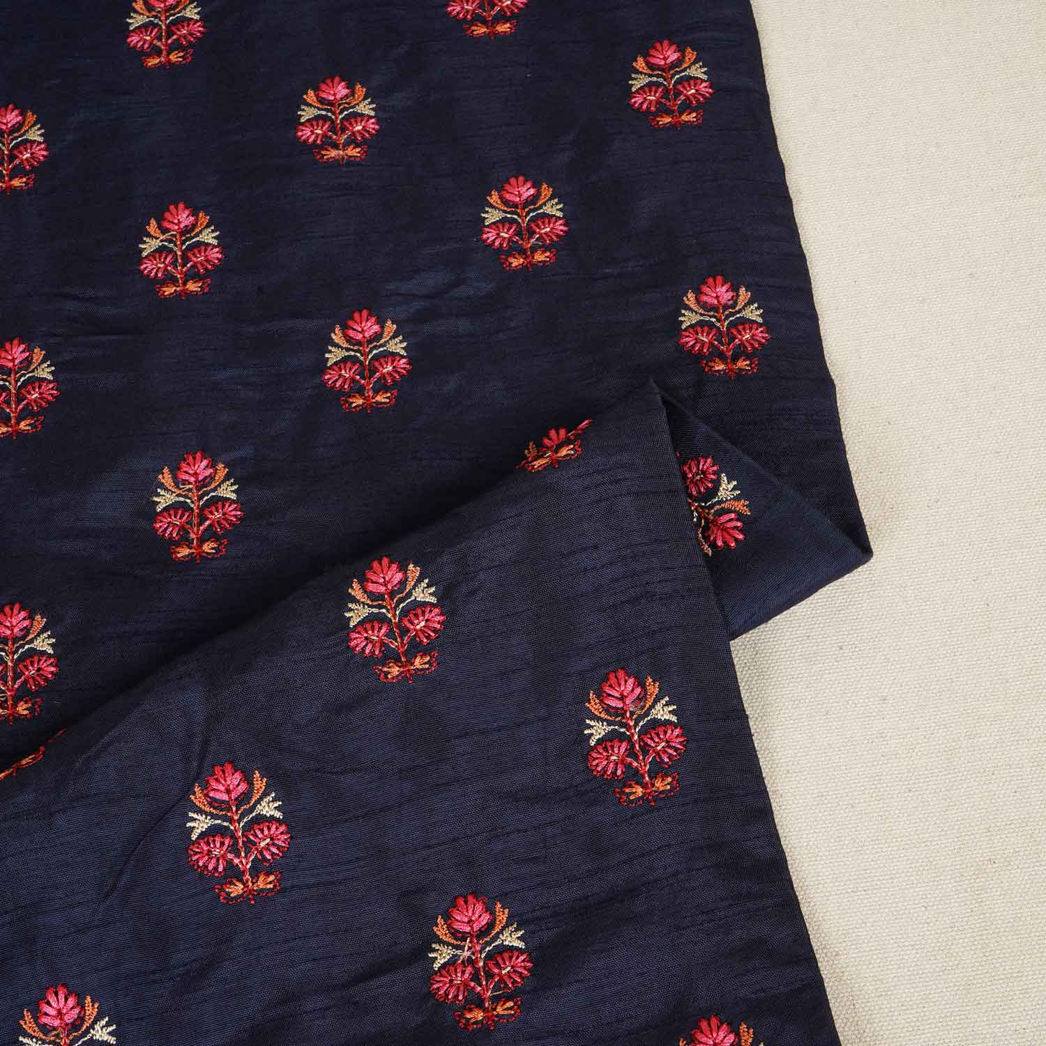 Navy Blue Kashmiri Embroidery Raw Silk Fabric RA-28209 - TradeUNO