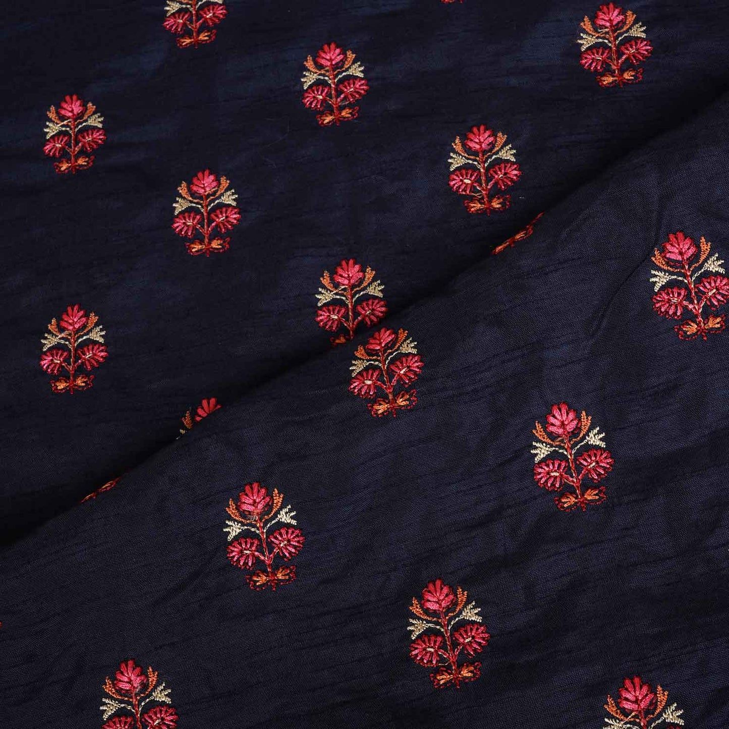 Navy Blue Kashmiri Embroidery Raw Silk Fabric RA-28209