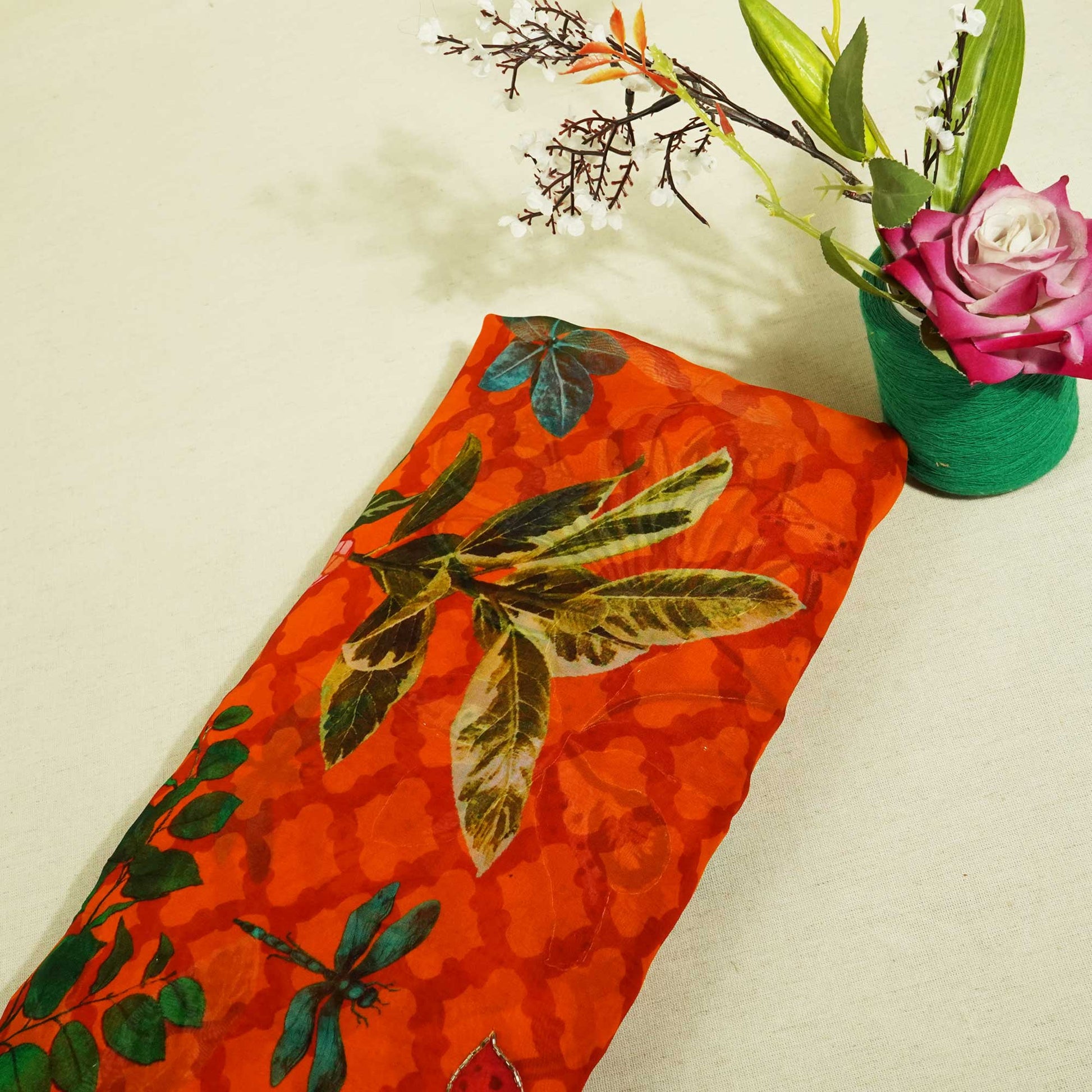 Orange Cutdana Floral Print Organza Fabric 2431 MTF-20935