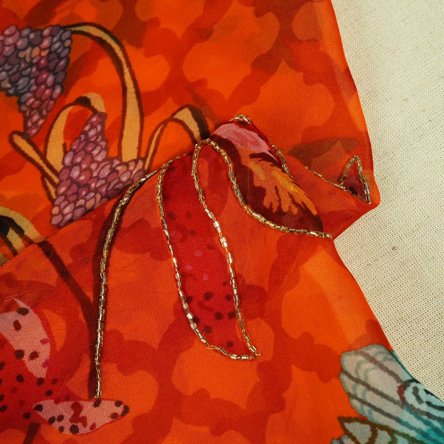 Orange Cutdana Floral Print Organza Fabric 2431 MTF-20935