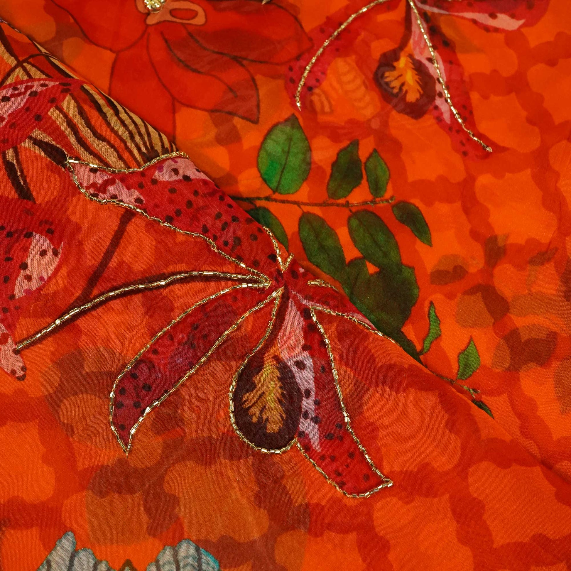 Orange Cutdana Floral Print Organza Fabric 2431 MTF-20935