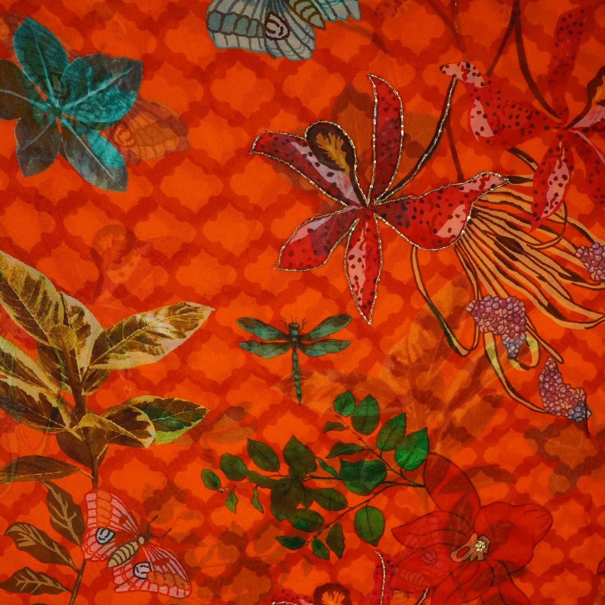 Orange Cutdana Floral Print Organza Fabric 2431 MTF-20935
