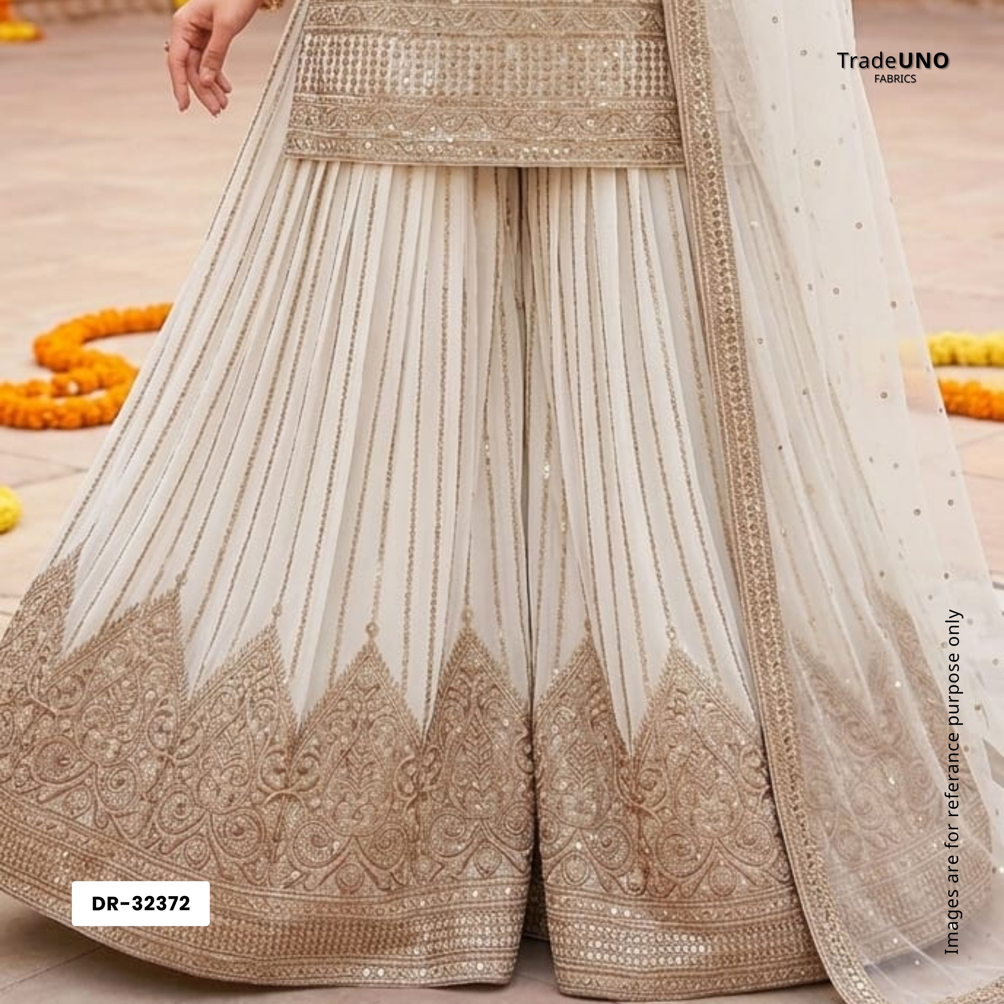 White Dyeable Zari Stripes With Sequins Embroidery Georgette Fabric DR-32372 - TradeUNO