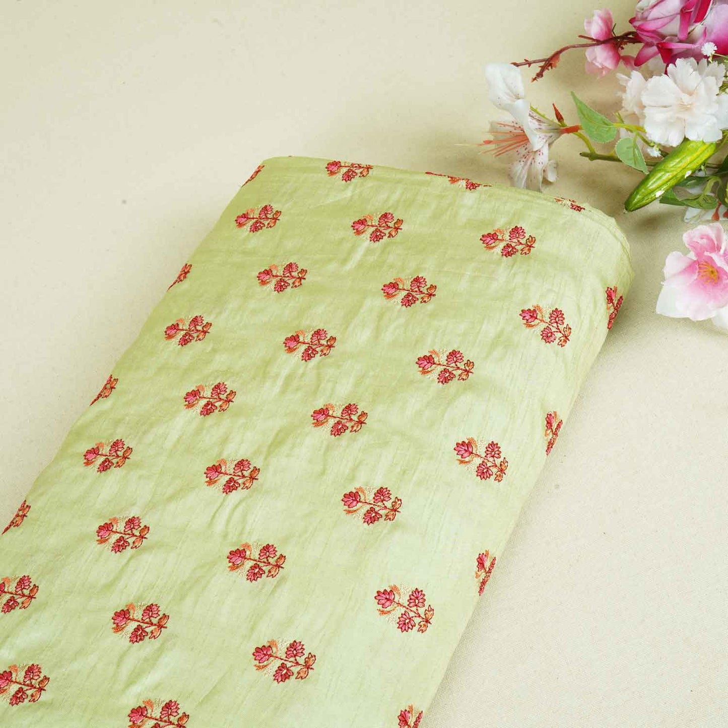 Pista Green Kashmiri Embroidery Raw Silk Fabric RA-28210