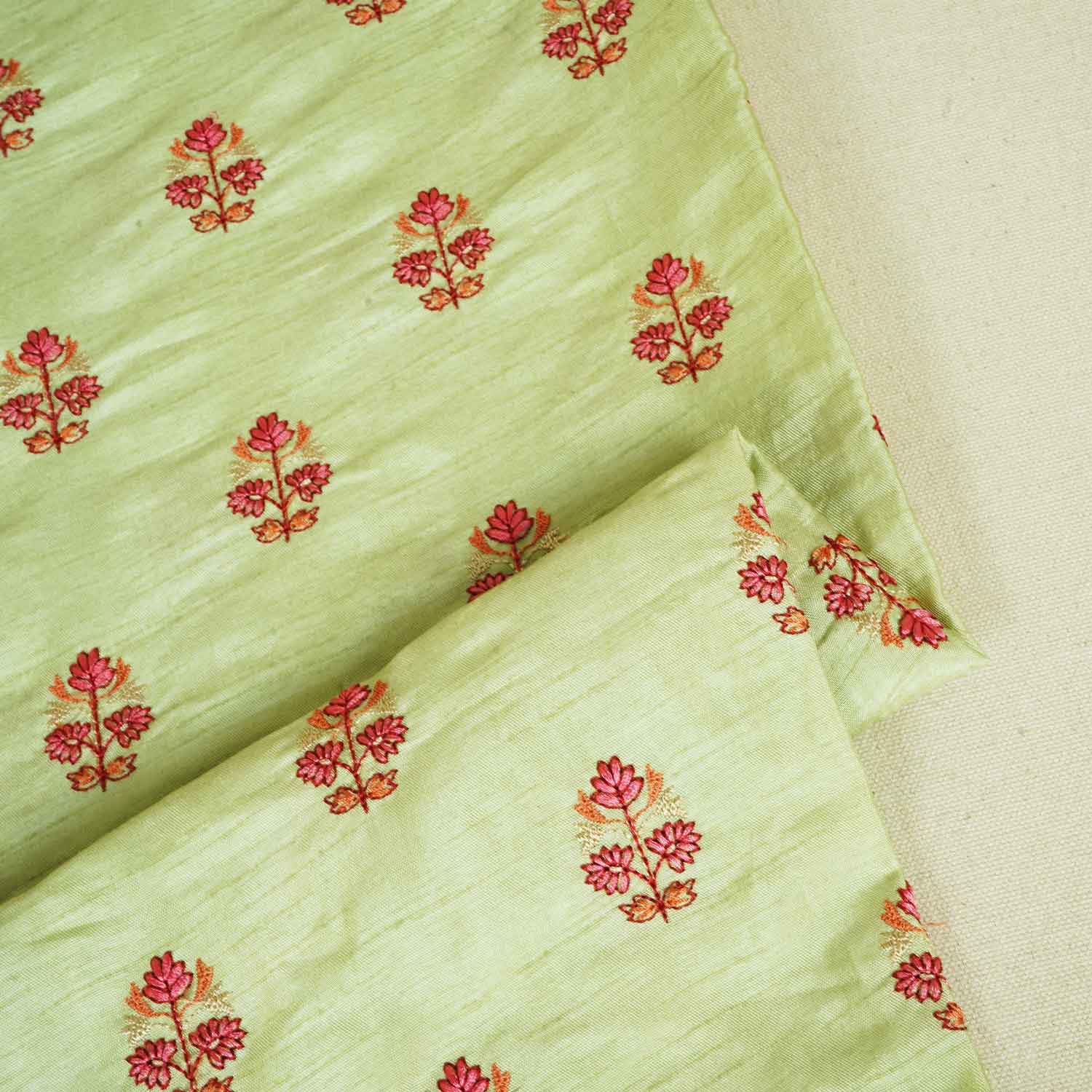 Pista Green Kashmiri Embroidery Raw Silk Fabric RA-28210 - TradeUNO