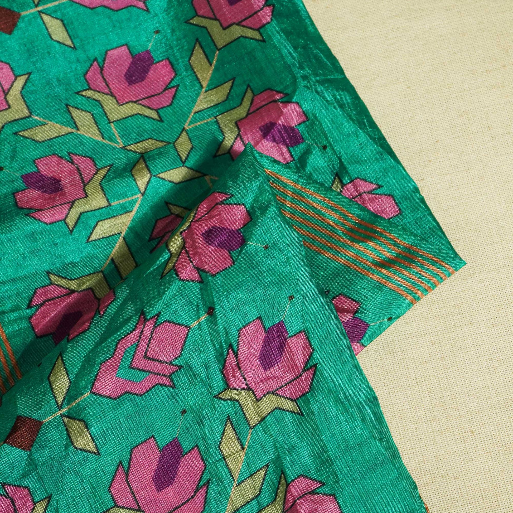 See Green Geometrical Print Upada Silk Fabric 2555 MTF-21072
