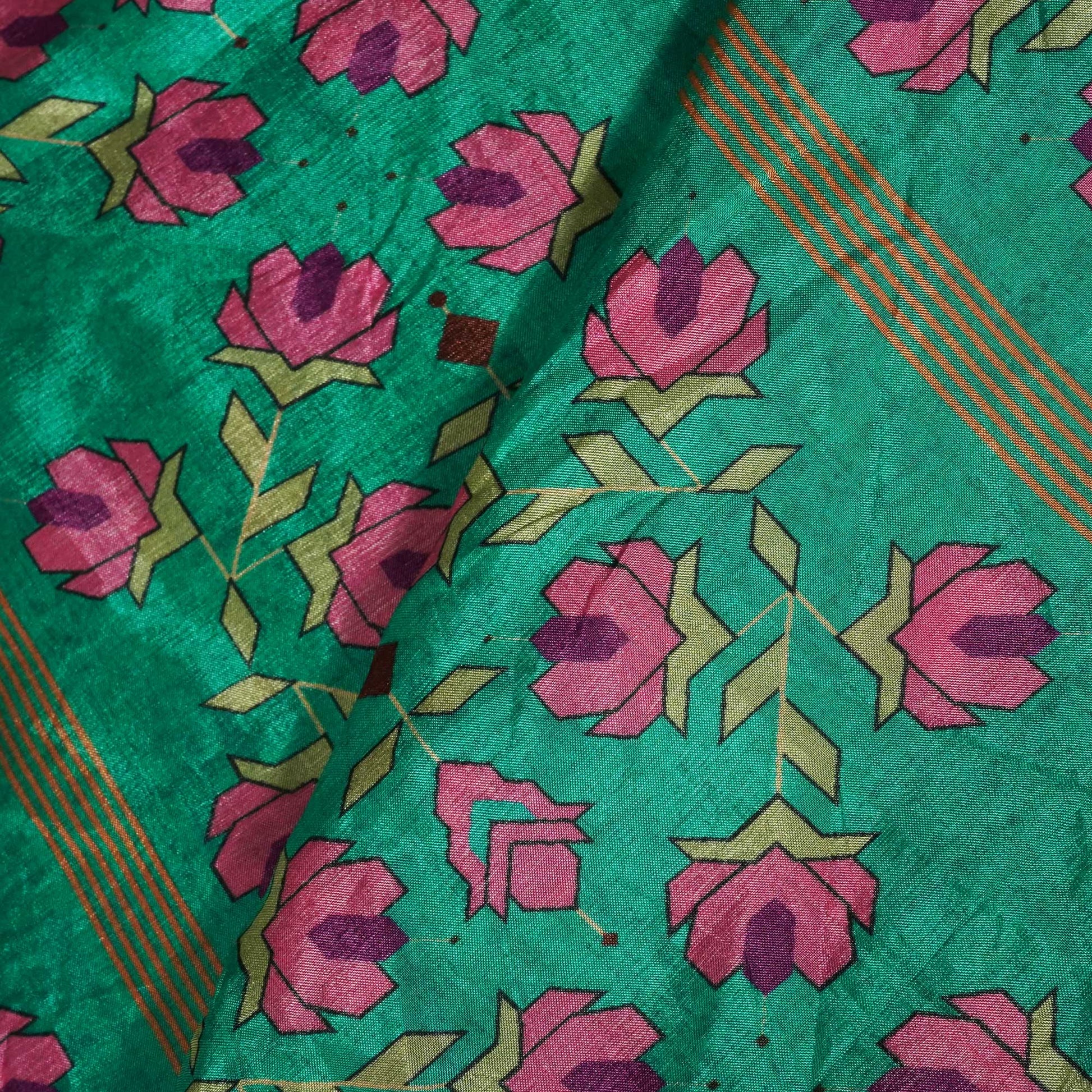 See Green Geometrical Print Upada Silk Fabric 2555 MTF-21072